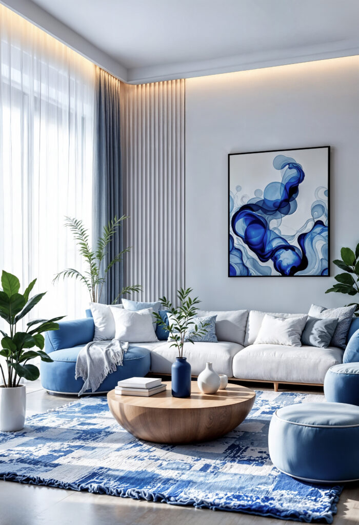 About modern living room with blue accents